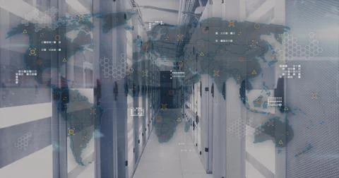 Displaying central server racks showing network overlay in secure data center, Foto stock