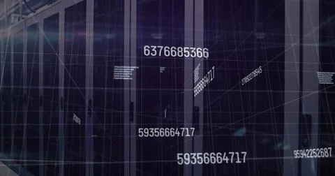 Displaying central server racks showing glass doors and floating numbers in data Stock Photos