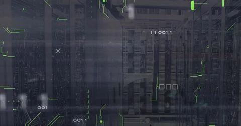 Displaying central server racks streaming data inside datacenter, with LED li Stock Illustration
