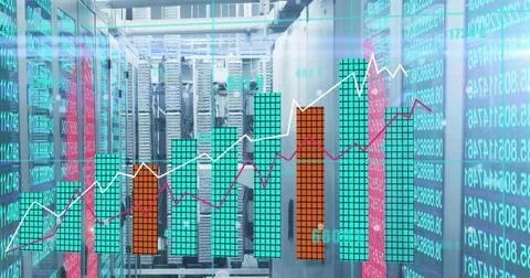 Displaying central server racks streaming metrics in data center corridor, with Foto stock