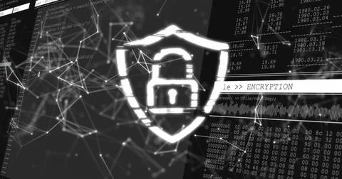 Displaying central shield and padlock in virtual network, with node-edge mesh, Illustrazione stock