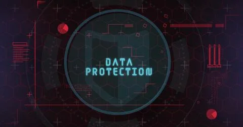 Displaying central shield emblem glowing cyan DATA PROTECTION in security Stock Photos