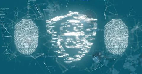 Displaying central shield icon glitching on teal-blue security interface, with 스톡 일러스트