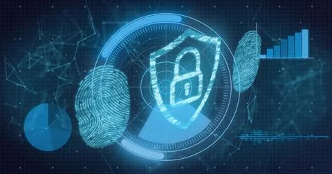 Displaying central shield with padlock in circular HUD on security interface, イラスト素材