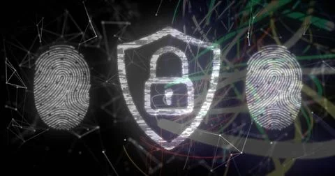 Displaying central shield with padlock on security interface, with fingerprint Stock Illustration