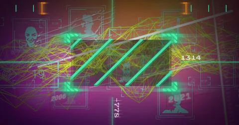 Displaying central slanted turquoise bars cutting neon green network in UI, with Stock Illustration
