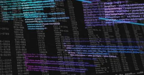 Displaying central source code and error log table at dev desk, with flat-panel Illustrazione stock