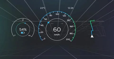 Displaying central speed 60 km or h on cockpit HUD, 54% battery, nav triangle, Stock-Illustration