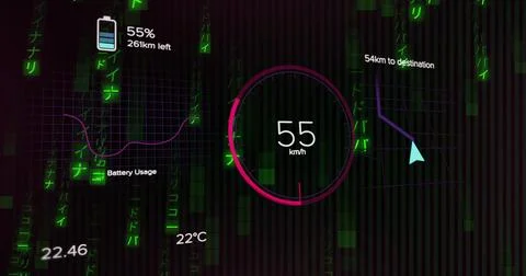 Displaying central speedometer reading 55 km or h on HUD, showing battery 55% Illustration