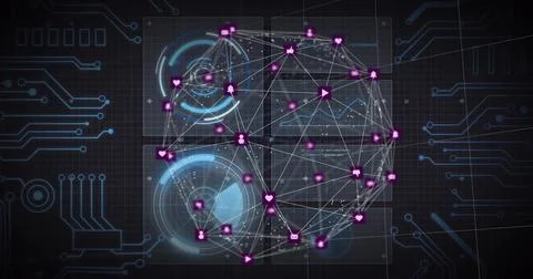 Displaying central spherical network graph pulsing over dark grid, showing icon Stock Photos
