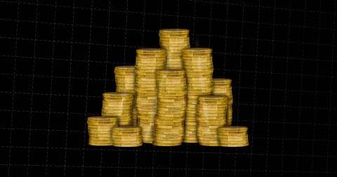 Displaying central stack of gold coins shimmering on black grid, casting soft Stock Illustration