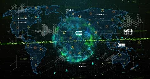 Displaying central stylized globe rotating on virtual HUD, with map-outlines, Stock Illustration