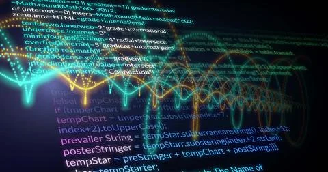 Displaying central syntax code and neon waveform curves pulsing on dark canvas 库存插图