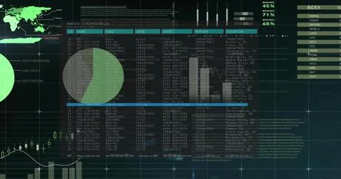 Displaying central tabular data panel centered on monitor, with world map, do Illustrazione stock