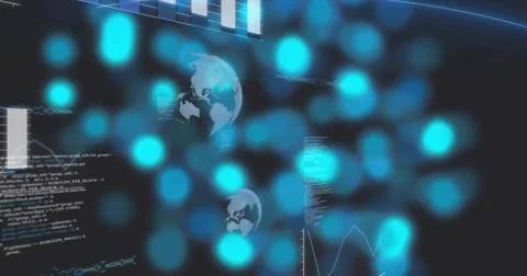 Displaying central teal blue node cluster, code, line chart on dark UI, with Stockillustratie