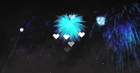 Displaying central teal firework burst illuminating night sky, with five white Illustrazione stock