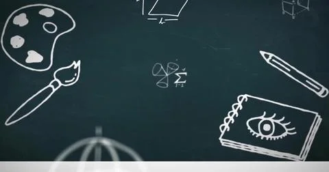 Displaying central technical doodles on classroom chalkboard, showing palette, Stock Photos