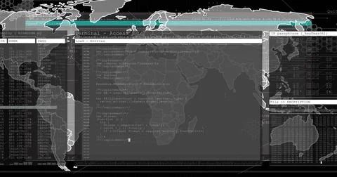 Displaying central terminal running code and file tree on network dashboard, Illustrazione stock