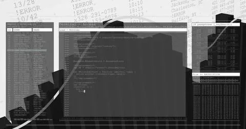 Displaying central terminal showing code and blinking cursor at desktop, with Foto stock