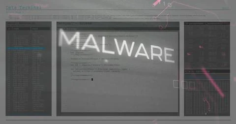 Displaying central terminal window showing code on display, with MALWARE Stockillustratie