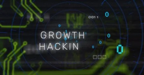 Displaying central text GROWTH HACKIN glowing on dark backdrop, with radar rings Stock Illustration