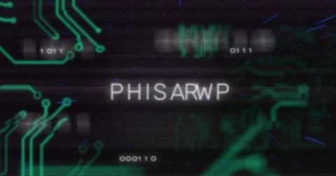 Displaying central text PHISARWP flickering over virtual HUD, showing neon Illustrazione stock