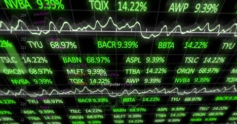 Displaying central ticker on screen, showing green symbols, percentages, white Stock Illustration