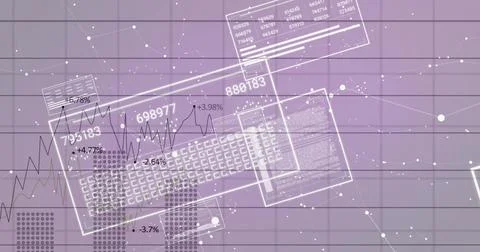 Displaying central translucent GUI windows showing line charts, numeric labels Stock Illustration