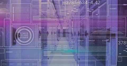 Displaying central translucent HUD interface sweeping through modern corridor Stock Photos