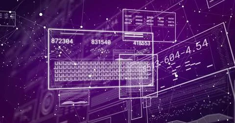 Displaying central translucent keyboard with overlaid HUD panels in purple data Stock Illustration