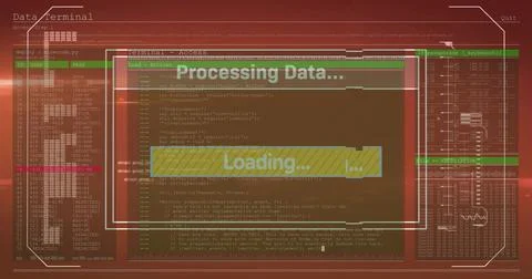 Displaying central translucent modal showing Processing Data and yellow loading Stock Photos