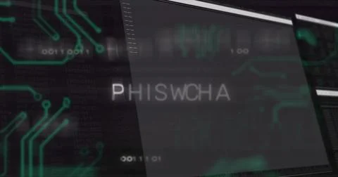 Displaying central translucent overlay showing PHISWCHA text at security desk, Stock Photos