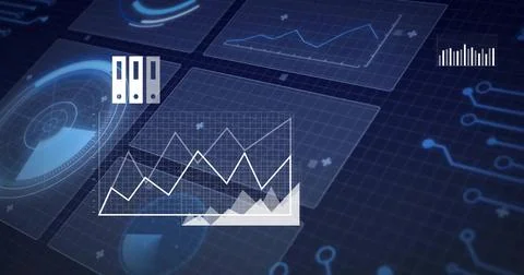 Displaying central translucent panel showing white line graph on dark blue grid, Stock Illustration