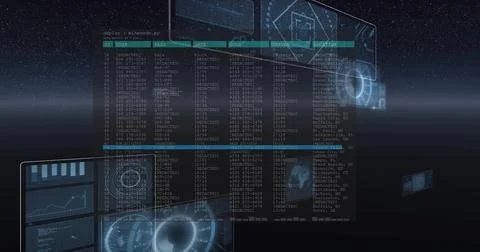 Displaying central translucent terminal panel floating in virtual starfield v Stock Illustration