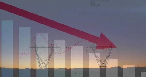 Displaying central transmission tower aligning with red down arrow over sunset Stock Photos