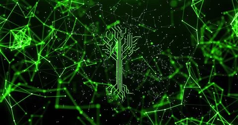 Displaying central tree-shaped circuit floating in virtual network mesh, with Stock Photos