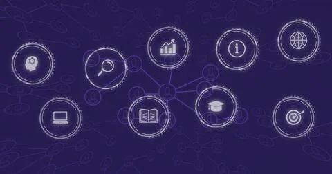 Displaying central user avatar linking 8 icons on purple network, with analytics Foto stock
