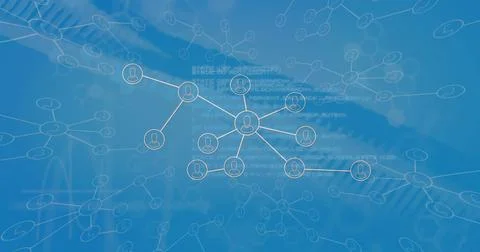 Displaying central user avatar node linking surrounding nodes on blue network, Stock Photos