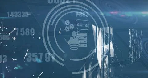 Displaying central user icon floating within futuristic data HUD, with server Foto stock