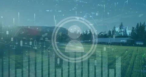 Displaying central user icon floating over farm field, with bar, line and Stock Photos
