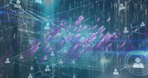 Displaying central user icon nodes connecting across digital interface, with Stock Photos