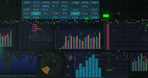 Displaying central vertical bar chart on dark dashboard, with data table and Stock Illustration
