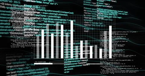 Displaying central vertical bar chart rising over analytics dashboard, with code 스톡 사진