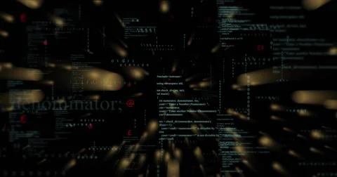 Displaying central vertical C++-style code column standing in deep cyberspace, Stock Illustration