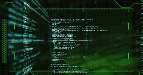 Displaying central vertical source code block scrolling within HUD, showing Stock Photos