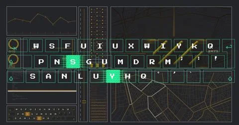 Displaying central virtual keyboard at workstation, with line graph, green keys Stock Illustration