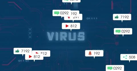 Displaying central 'VIRUS' text on blue circuit interface with notification Stock Illustration