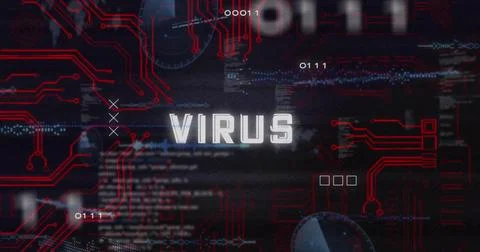Displaying central VIRUS text glitching in cyber interface, showing red Stock Illustration