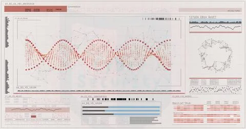 Displaying central waveform graph showing console at security hub, with barcode Stockfoto's