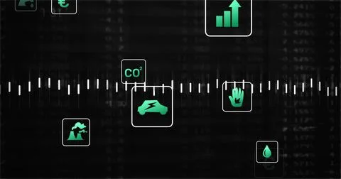 Displaying central waveform timeline on dashboard, showing teal EV car with bolt Stock Illustration